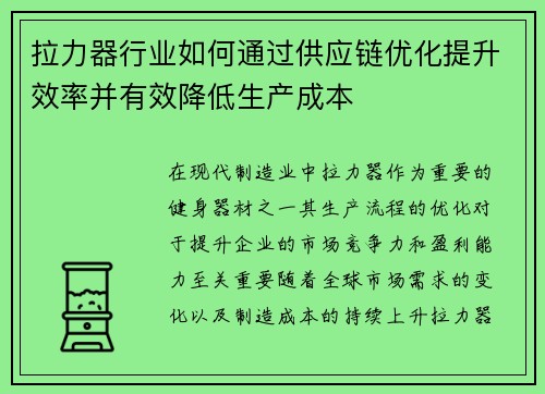 拉力器行业如何通过供应链优化提升效率并有效降低生产成本
